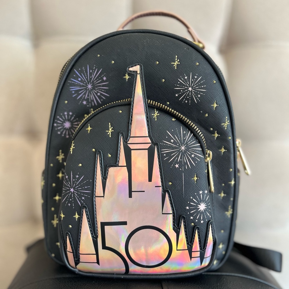 Walt Disney World Parks 50th Anniversary Grand Finale Loungefly Castle Backpack.